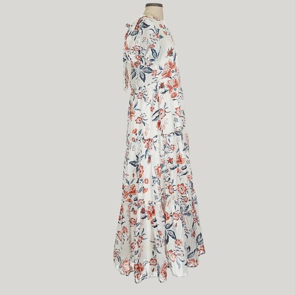 Lucky Brand Short Puff Sleeve V-neck Tiered Tie Back Floral Maxi Dress sz XS - Picture 4 of 7